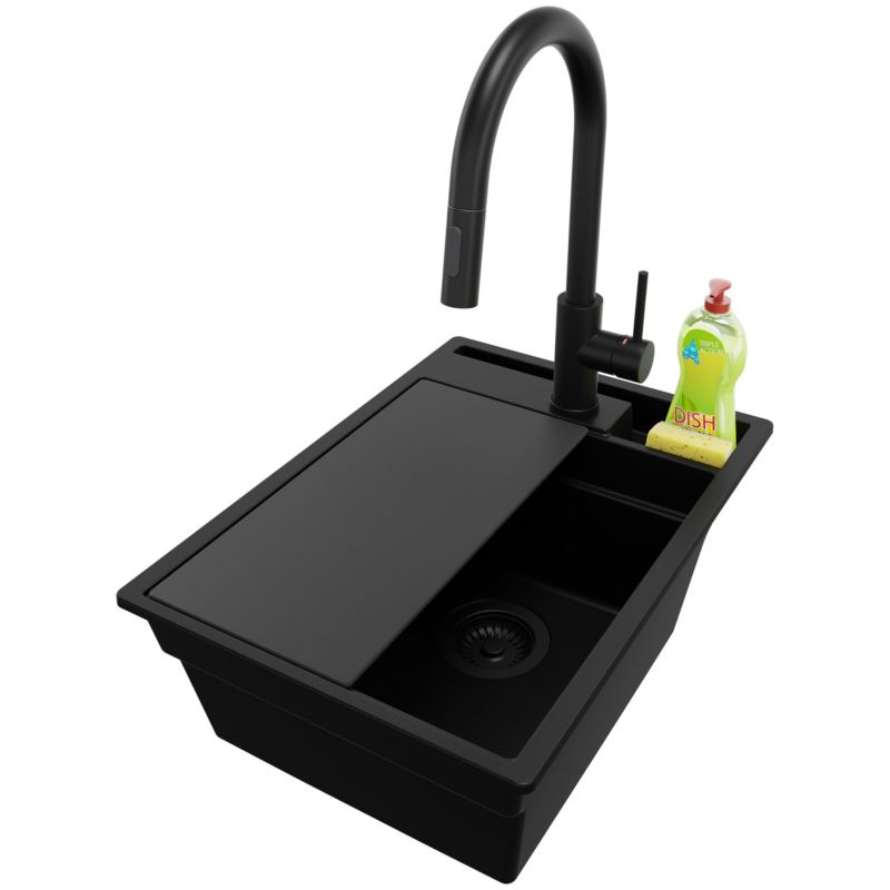 Zlewozmywak Granitowy Oslo Pocket PRIMAGRAN Nablatowy 38x53cm do szafki od 40cm z Syfonem i Baterią i Dodatkiem Cały Czarny 1 szt.