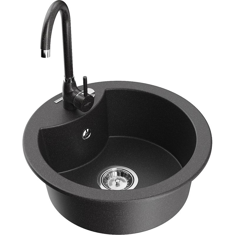 Zlewozmywak granitowy 1-komorowy Mexen Diego z baterią kuchenną Telma czarny nakrapiany - 6512-76-670200-70-B 1 szt.