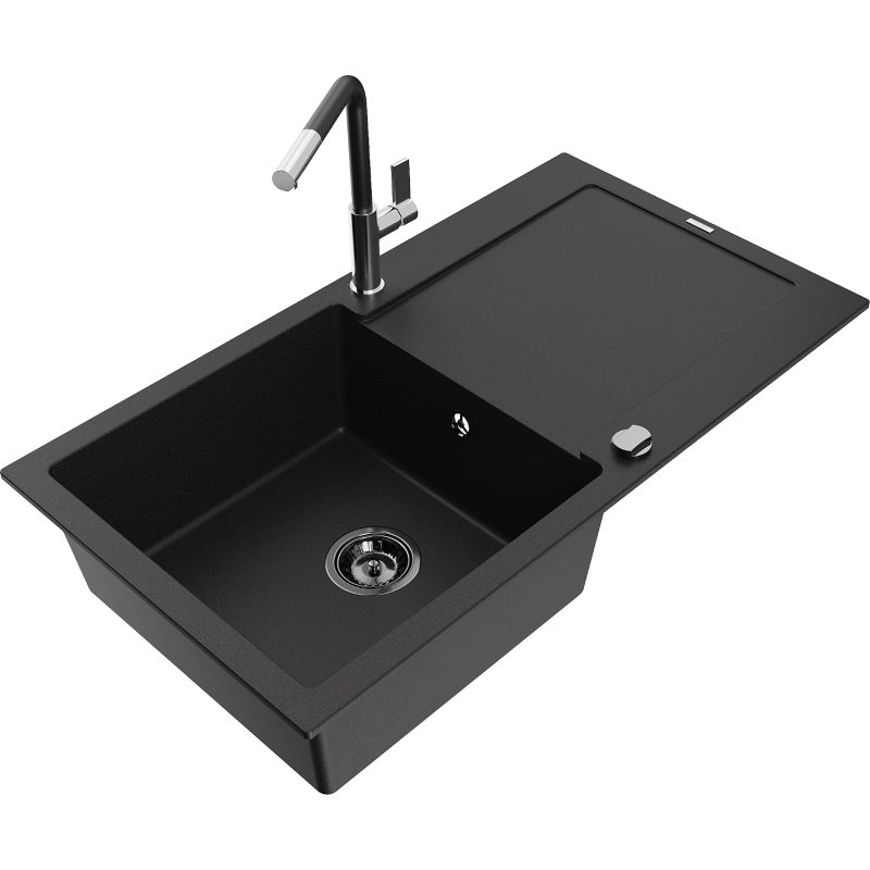 Zlewozmywak granitowy 1-komorowy Mexen Leo z ociekaczem i baterią kuchenną Flora czarny 6501-77-670401-07-B