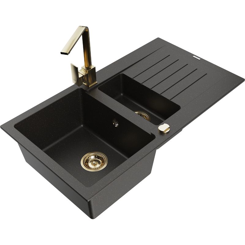 Zlewozmywak granitowy 1.5-komorowy Mexen Matias z ociekaczem i baterią kuchenną Rita czarny/złoty 6502-75-670300-50
