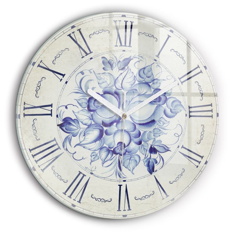 Zegar szklany białe wskazówki Wallfluent fi60 cm Niebieskie kwiaty 1 szt.