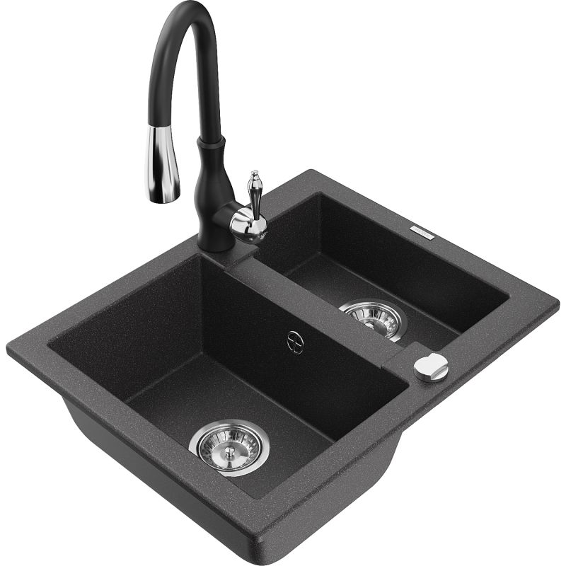 Zlewozmywak granitowy 1.5-komorowy Mexen Carlos z baterią kuchenną Savita czarny nakrapiany 6518-76-672601-70
