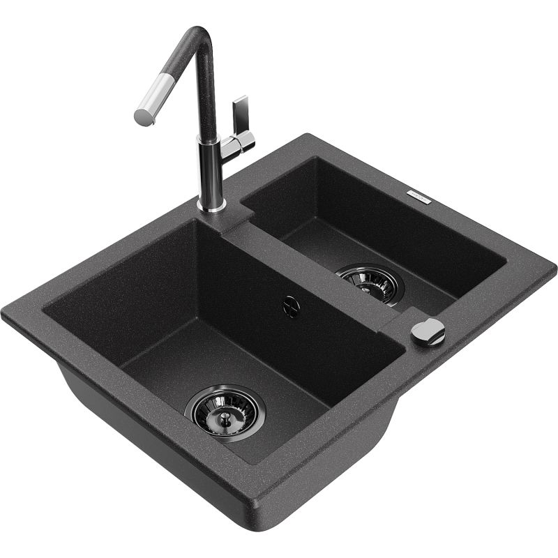 Zlewozmywak granitowy 1.5-komorowy Mexen Carlos z baterią kuchenną Flora czarny nakrapiany 6518-76-670401-08-B