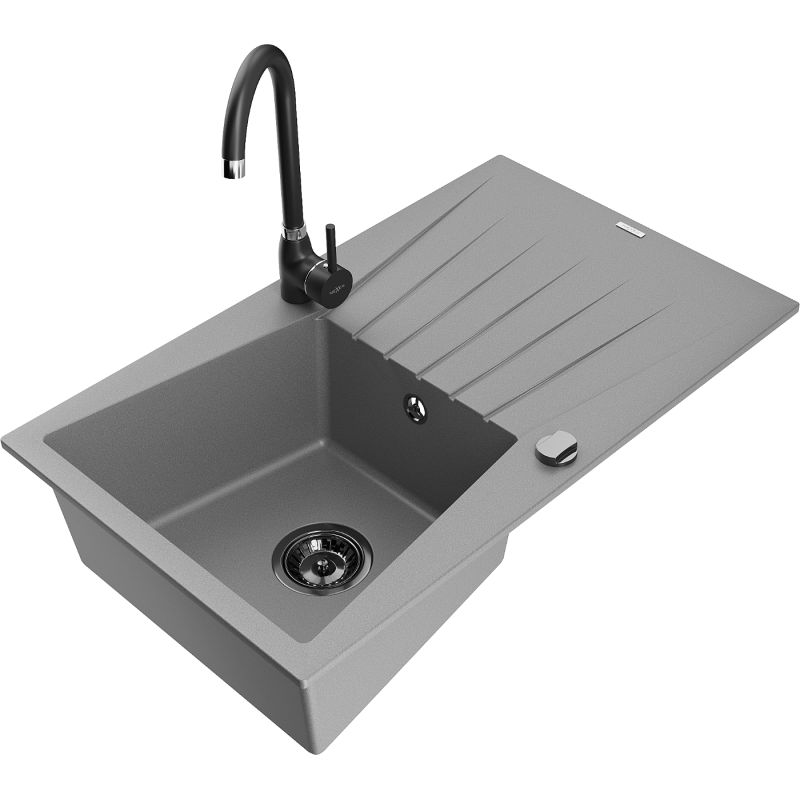 Zlewozmywak granitowy 1-komorowy Mexen Cesar z ociekaczem i baterią kuchenną Telma szary - 6514-71-670200-71 1 szt.