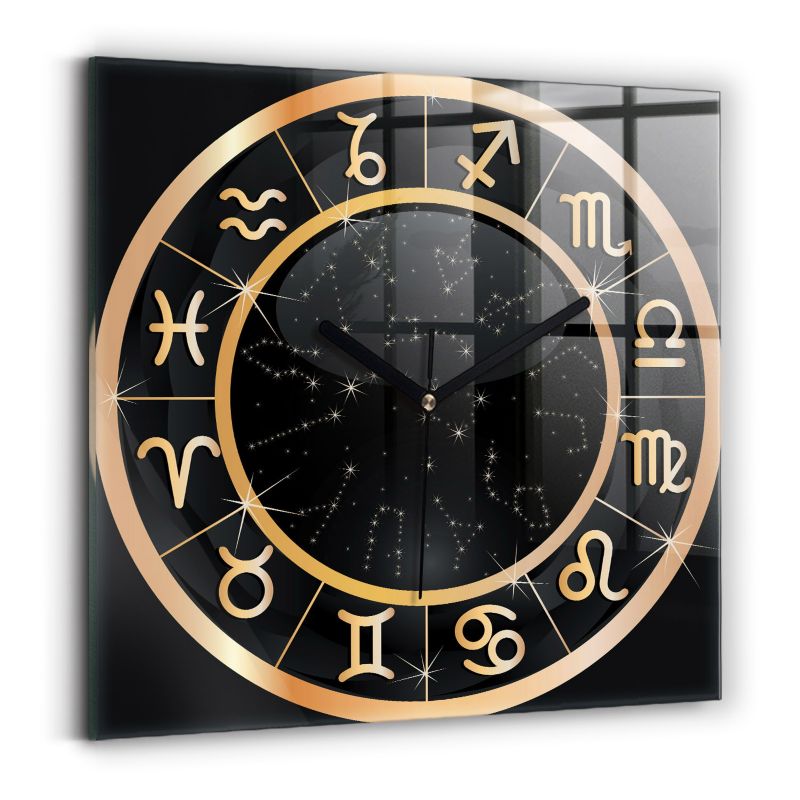 Zegar szklany czarne wskazówki Wallfluent 30x30 cm Czarne znaki zodiaku 1 szt.