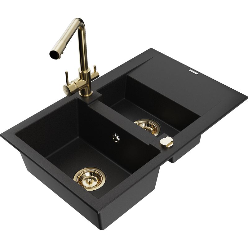 Zlewozmywak granitowy 1.5-komorowy Mexen Gaspar z ociekaczem i baterią kuchenną Duero czarny 6507-77-671600-50
