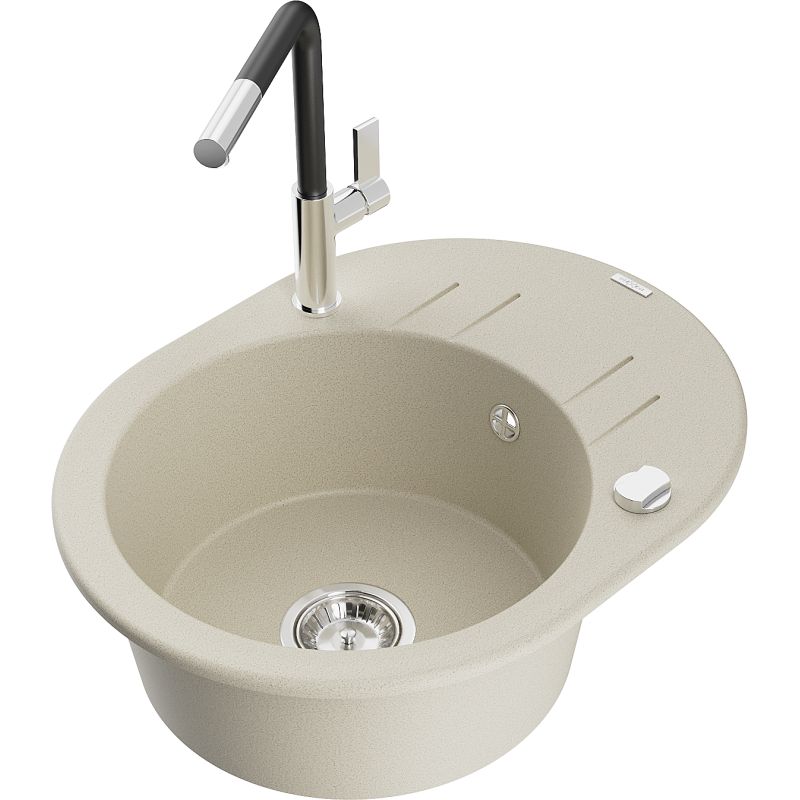 Zlewozmywak granitowy 1-komorowy Mexen Kevin z ociekaczem i baterią kuchenną Flora beżowy 6517-69-670401-07