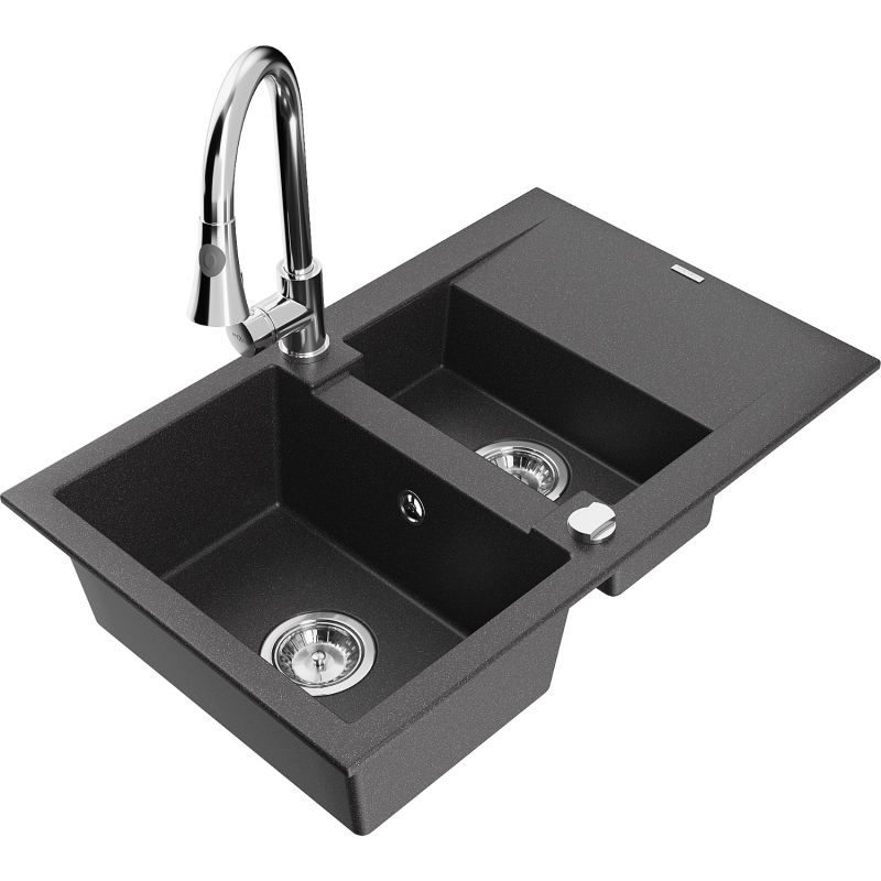 Zlewozmywak granitowy 1.5-komorowy Mexen Gaspar z ociekaczem i baterią kuchenną Elia czarny/srebrny - 6507-73-670101-70-B 1 szt.
