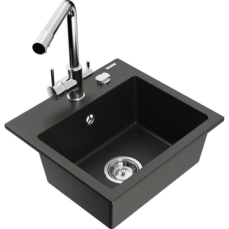 Zlewozmywak granitowy 1-komorowy Mexen Milo z baterią kuchenną Duero czarny/złoty metalik 6505-75-671600-00