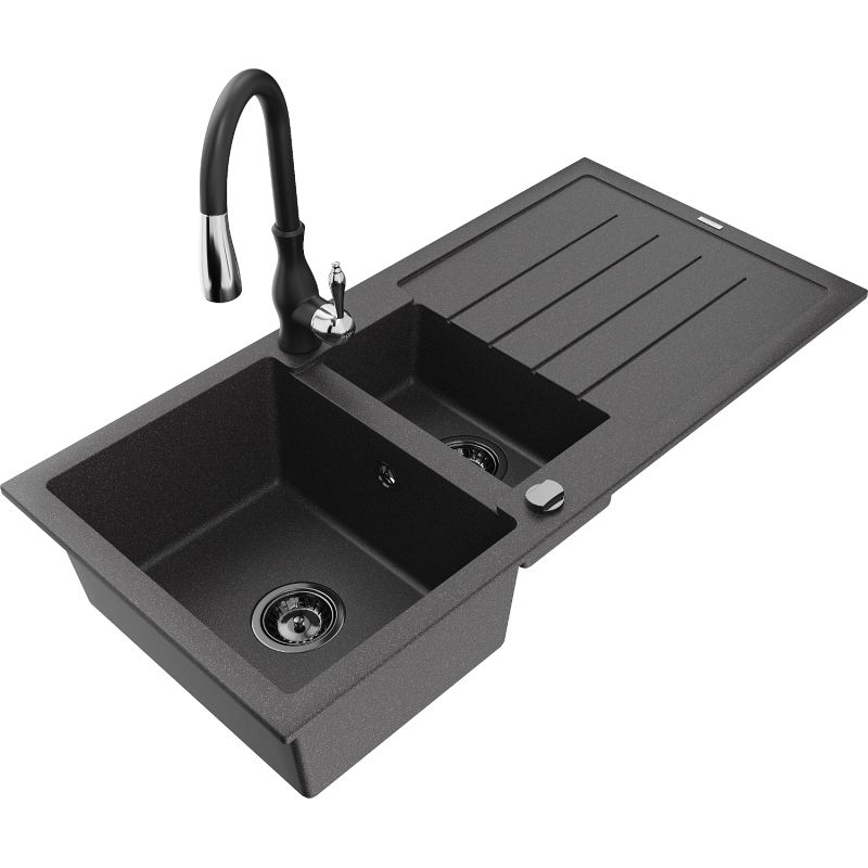 Zlewozmywak granitowy 1.5-komorowy Mexen Andres z ociekaczem i baterią kuchenną Savita czarny nakrapiany 6515-76-672601-70-B