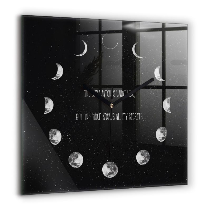 Zegar szklany czarne wskazówki Wallfluent 60x60 cm Fazy Księżyca i napis 1 szt.
