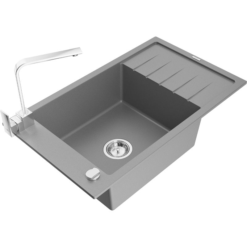 Zlewozmywak granitowy 1-komorowy Mexen Elias z ociekaczem i baterią kuchenną Rita szary 6511-71-670300-00