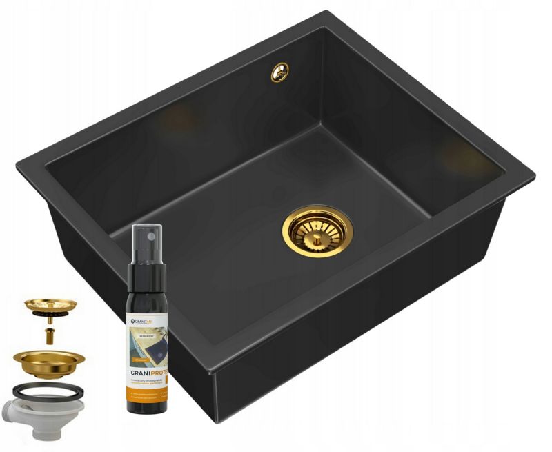 Zlew Granitowy Jednokomorowy Podblatowy Granitan Salix Czarny Syfon 1 kpl.