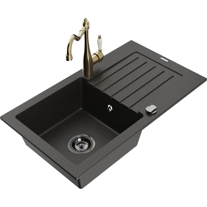 Zlewozmywak granitowy 1-komorowy Mexen Pablo z ociekaczem i baterią kuchenną Carla czarny/złoty metalik 6510-75-670700-50-B