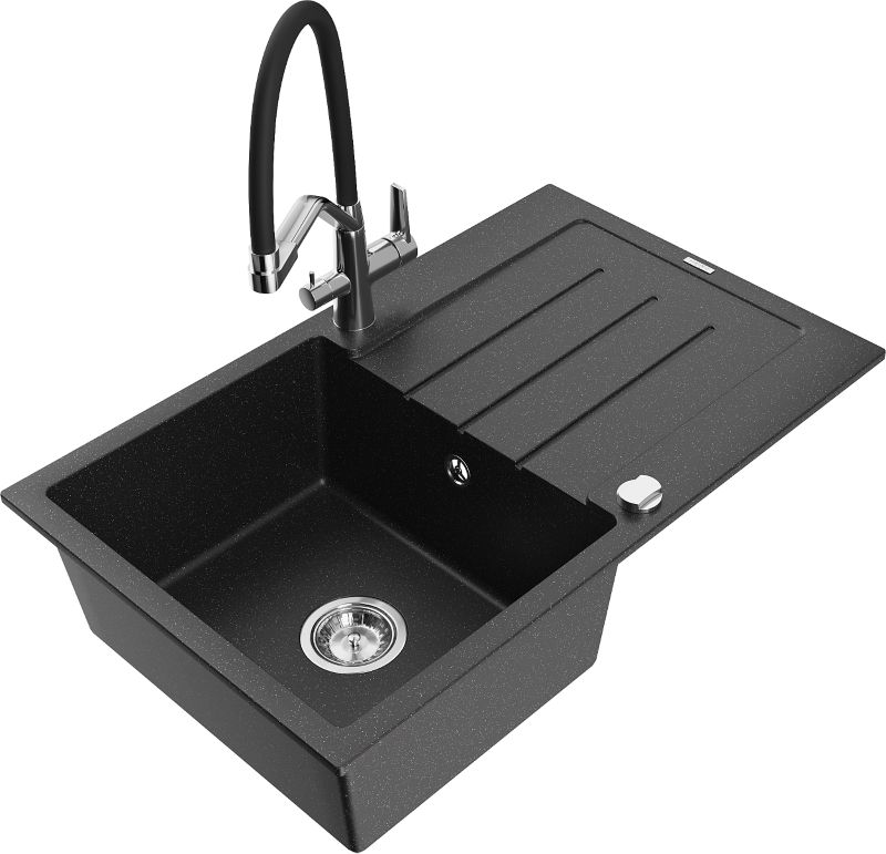 Zlewozmywak granitowy Mexen Bruno 1-komorowy z ociekaczem i baterią kuchenną Duo czarny/srebrny 6513-73-671701-07