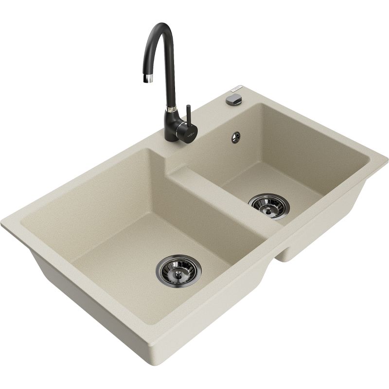 Zlewozmywak granitowy 2-komorowy Mexen Tomas z baterią kuchenną Telma czarny - 6516-77-670200-70-B 1 szt.