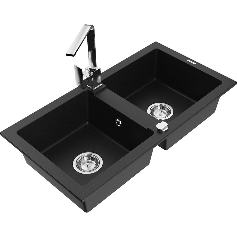 Zlewozmywak granitowy 2-komorowy Mexen Mario z baterią kuchenną Rita czarny - 6504-77-670300-50 1 szt.