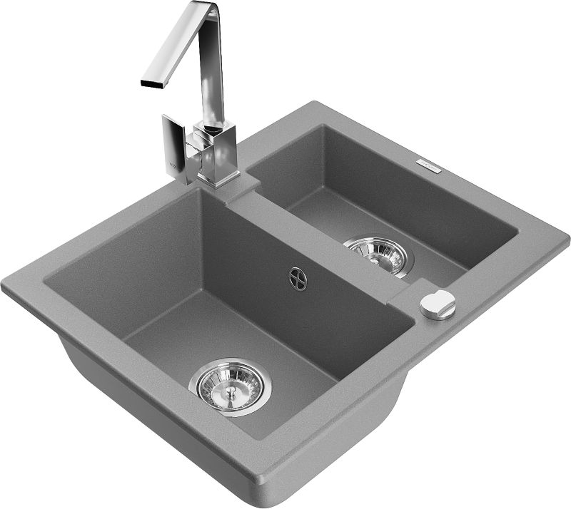 Zlewozmywak granitowy Mexen Carlos 1,5-komorowy z baterią kuchenną Rita szary 6518-71-670300-00