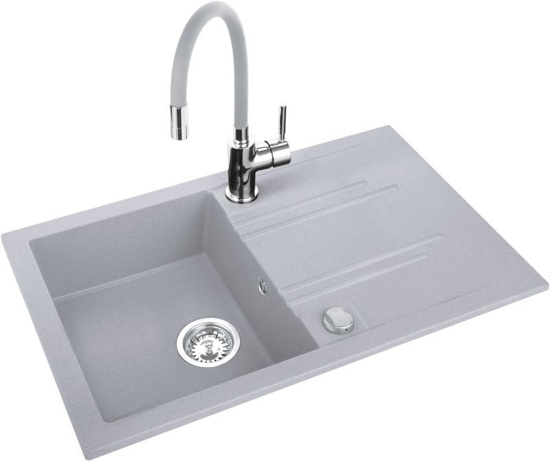 Zlewozmywak Ferro Mezzo II granitowy 1-komorowy 78x48 cm z baterią elastyczną srebrną 1 szt.