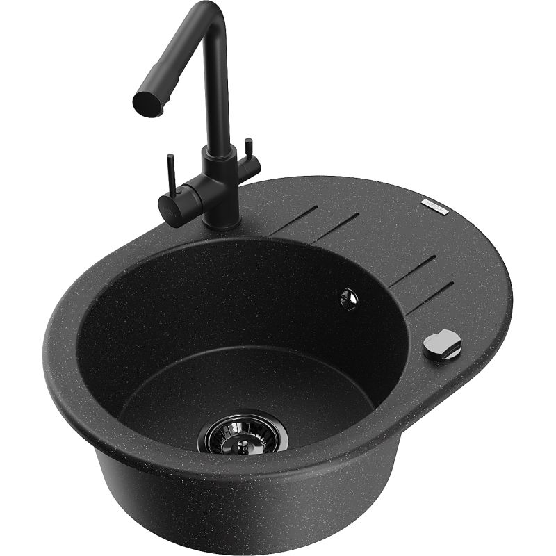 Zlewozmywak granitowy 1-komorowy Mexen Kevin z ociekaczem i baterią Duero czarny/srebrny metalik - 6517-73-671600-50 1 szt.