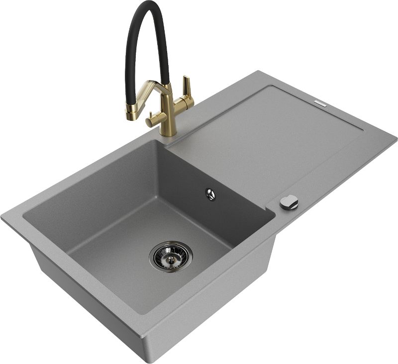 Zlewozmywak granitowy Mexen Leo 1-komorowy z ociekaczem i baterią kuchenną Elia czarny/złoty - 6501-75-670101-70-B 1 szt.