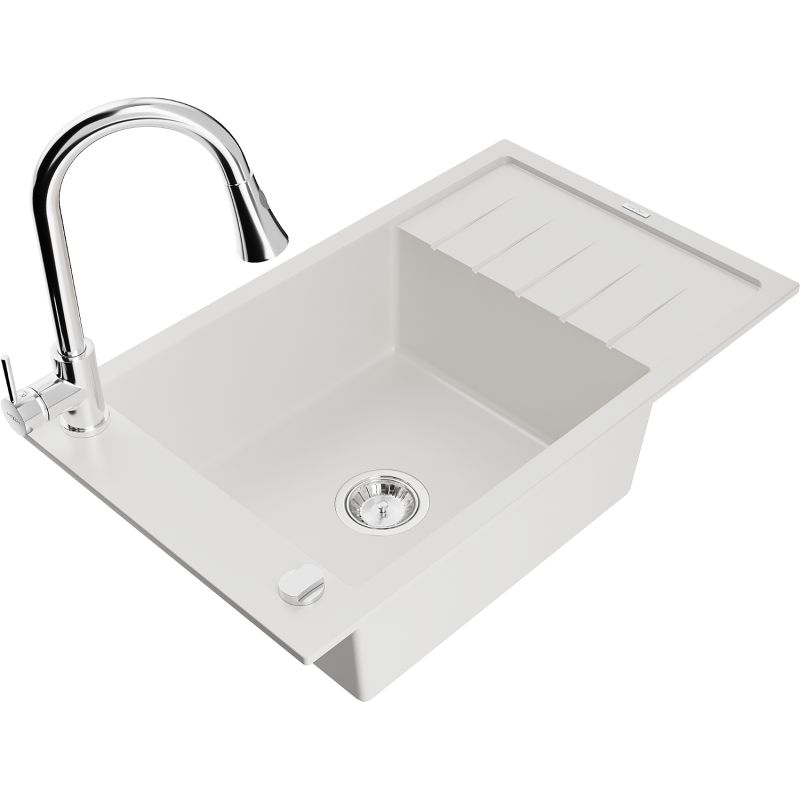 Zlewozmywak granitowy 1-komorowy Mexen Elias z ociekaczem i baterią kuchenną Elia biały 6511-20-670101-00