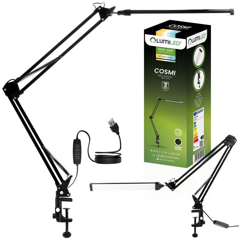 Lampka Biurkowa Lumiled Kreślarska Stołowa LED 8W CCT USB Ściemnialna Czarna 1 szt.