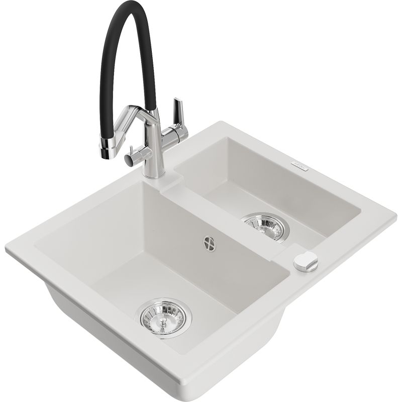 Zlewozmywak granitowy 1.5-komorowy Mexen Carlos z baterią kuchenną Duo biały 6518-20-671701-07