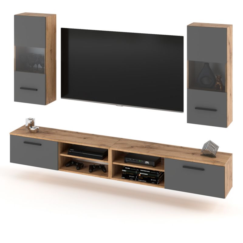 Meblościanka Hurtownia-Mebli 4 Drzwi Bandle 240cm Dąb Wotan Szary Mat 240x40x135 cm 1szt.