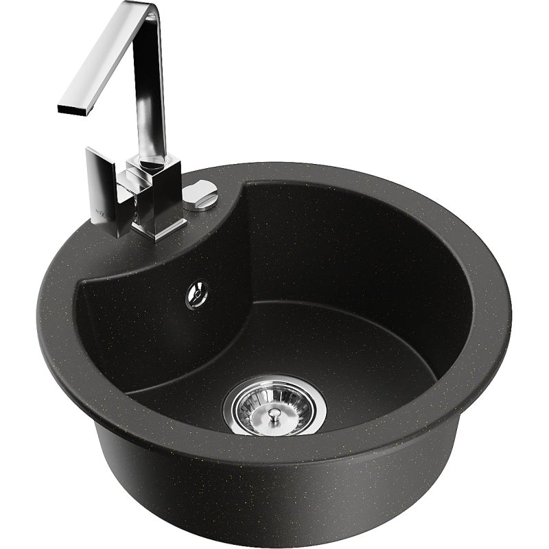 Zlewozmywak granitowy 1-komorowy Mexen Diego z baterią kuchenną Rita czarny/złoty metalik 6512-75-670300-00