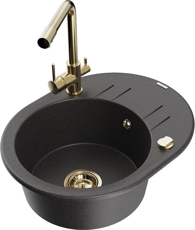 Zlewozmywak granitowy Mexen Kevin 1-komorowy z ociekaczem i baterią kuchenną Duero czarny 6517-76-671600-50