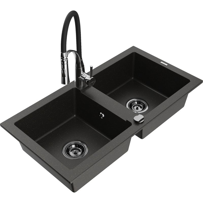 Zlewozmywak granitowy 2-komorowy Mexen Mario z baterią kuchenną Aster czarny/złoty metalik 6504-75-73450-07-B