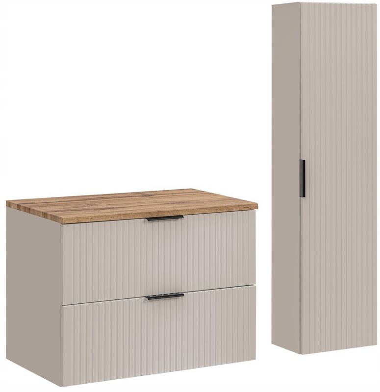 Szafka pod umywalkę i słupek Furnidea 80 cm + 35 cm kaszmir dąb Wotan ryflowany Adel zestaw