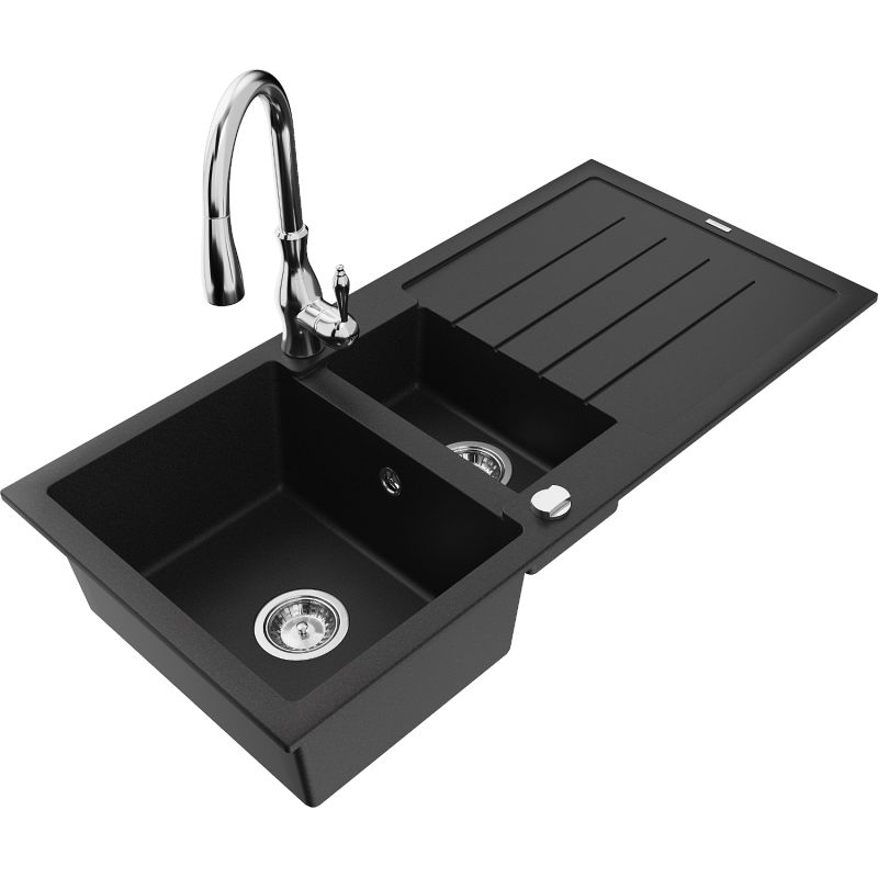 Zlewozmywak granitowy 1.5-komorowy Mexen Andres z ociekaczem i baterią kuchenną Savita czarny - 6515-77-672601-50 1 szt.