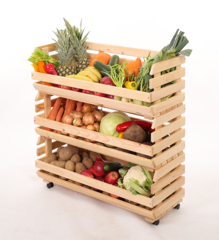 Regał na warzywa i owoce MODO24 na kółkach 81x77x30 cm 3 skrzynki drewno naturalne 1 szt