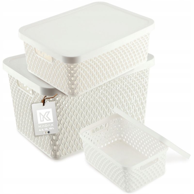 Koszyk KADAX Pudełko Z Pokrywą Pojemnik Organizer Zestaw 4,5L+12L+18L Biały 3 szt.