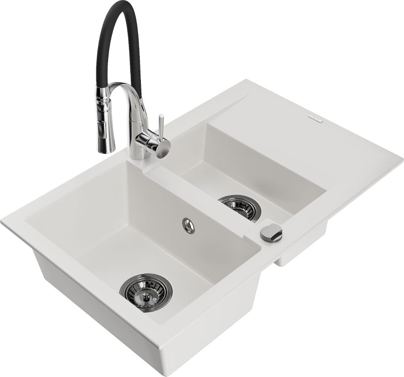 Zlewozmywak granitowy Mexen Gaspar 1,5-komorowy z ociekaczem i baterią kuchenną Aster biały 6507-20-73450-07-B