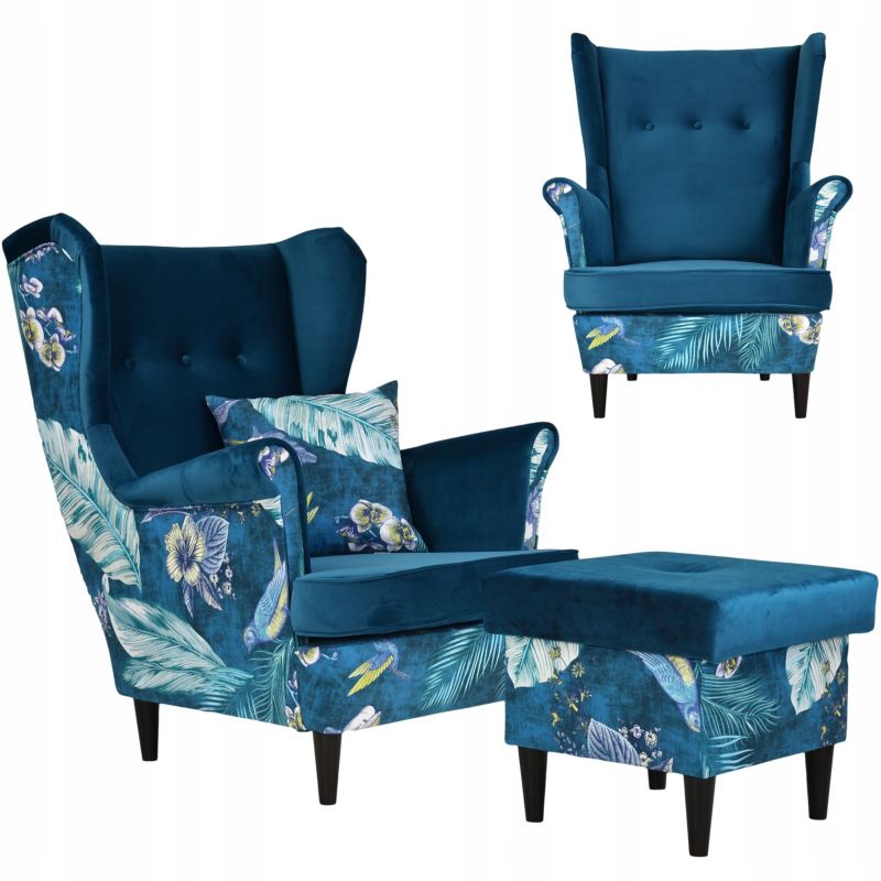 Fotel uszak do salonu z podnóżkiem Family Meble Ari Print Duo liście granatowy 1szt