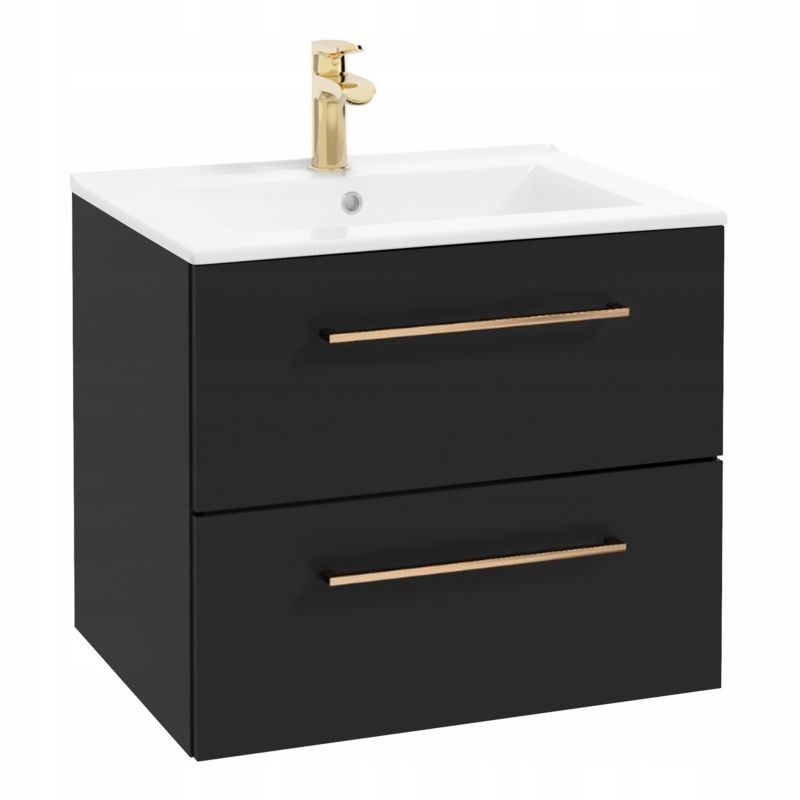 Szafka Łazienkowa Stamar z Umywalką 600 x 450 mm Czarna Mat Szuflady Złote Uchwyty 1szt