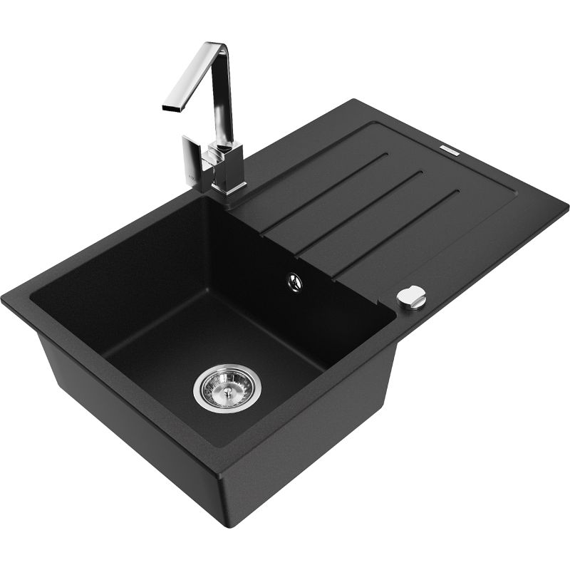 Zlewozmywak granitowy 1-komorowy Mexen Bruno z ociekaczem i baterią kuchenną Rita czarny 6513-77-670300-00