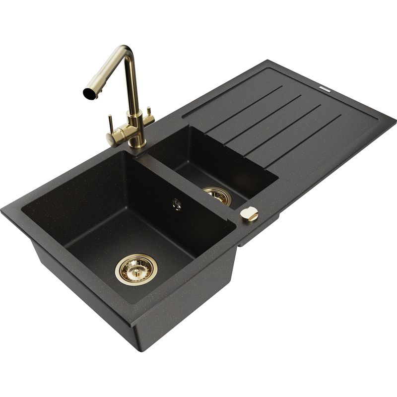 Zlewozmywak granitowy 1.5-komorowy Mexen Andres z ociekaczem i baterią kuchenną Duero czarny/złoty 6515-75-671600-50