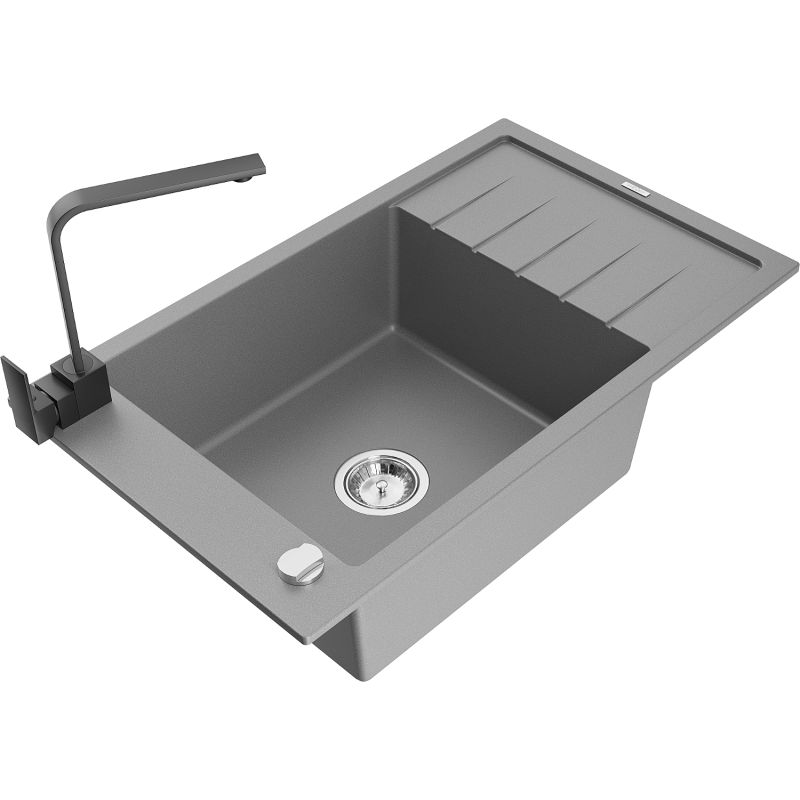 Zlewozmywak granitowy 1-komorowy Mexen Elias z ociekaczem i baterią kuchenną Rita szary - 6511-71-670300-71 1 szt.