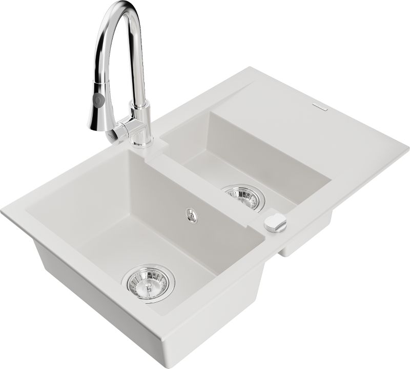 Zlewozmywak granitowy Mexen Gaspar 1,5-komorowy z ociekaczem i baterią kuchenną Elia biały 6507-20-670101-00