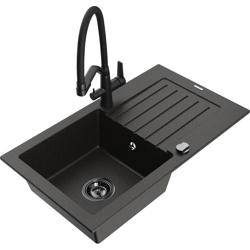 Zlewozmywak granitowy 1-komorowy Mexen Pablo z ociekaczem i baterią kuchenną Duo szary - 6510-71-671701-70-B 1 szt.