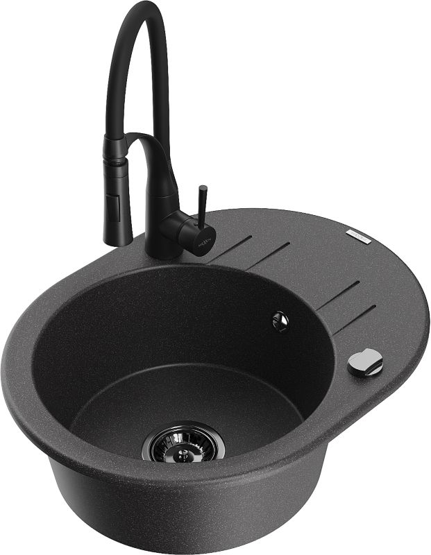 Zlewozmywak granitowy Mexen Kevin 1-komorowy z ociekaczem i baterią kuchenną Aster czarny/złoty - 6517-75-73450-70-B 1 szt.