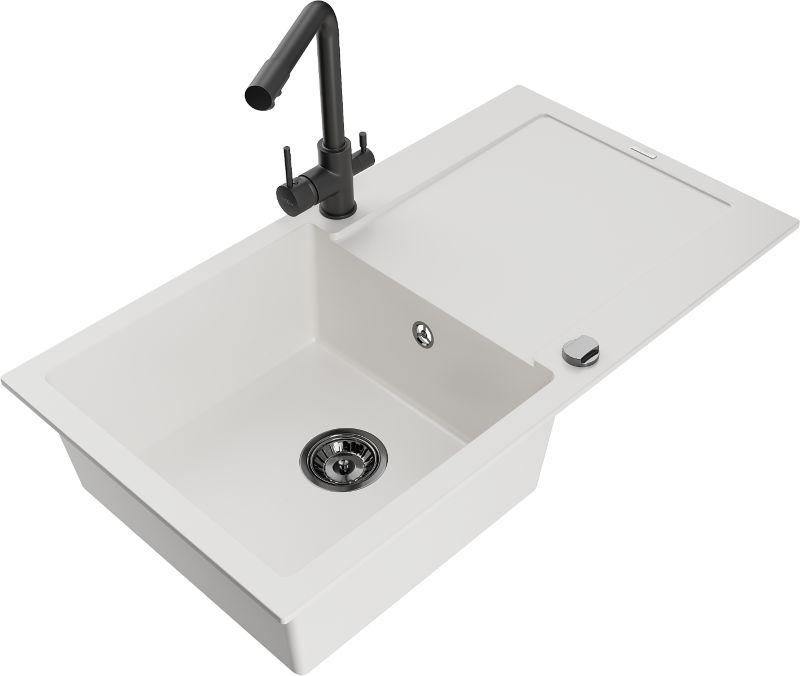 Zlewozmywak granitowy Mexen Leo 1-komorowy z ociekaczem i baterią kuchenną Duero biały - 6501-20-671600-20 1 szt.