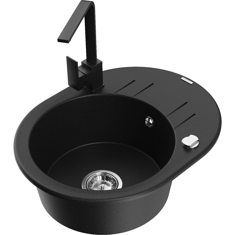 Zlewozmywak granitowy 1-komorowy Mexen Kevin z ociekaczem i baterią kuchenną Rita czarny - 6517-77-670300-00 1 szt.