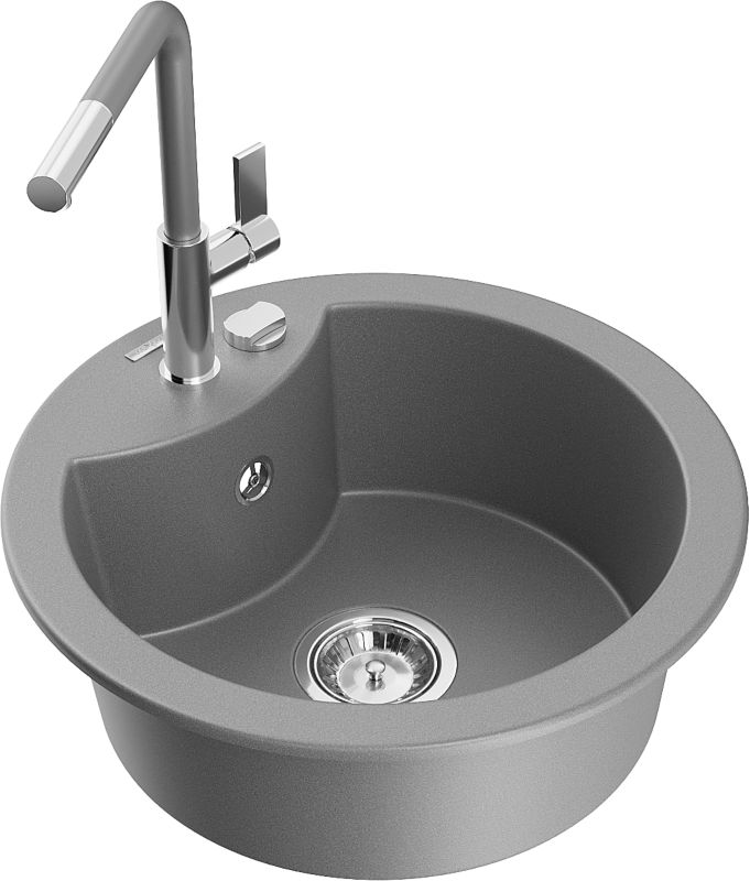 Zlewozmywak granitowy Mexen Diego 1-komorowy z baterią kuchenną Flora szary 6512-71-670401-06
