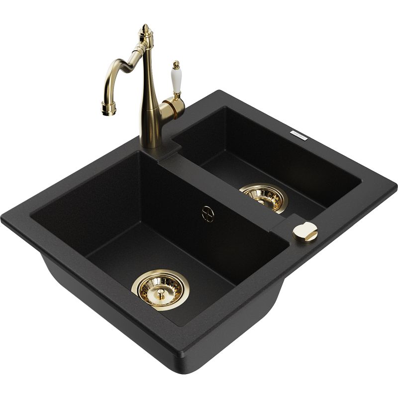 Zlewozmywak granitowy 1.5-komorowy Mexen Carlos z baterią kuchenną Carla czarny 6518-77-670700-50