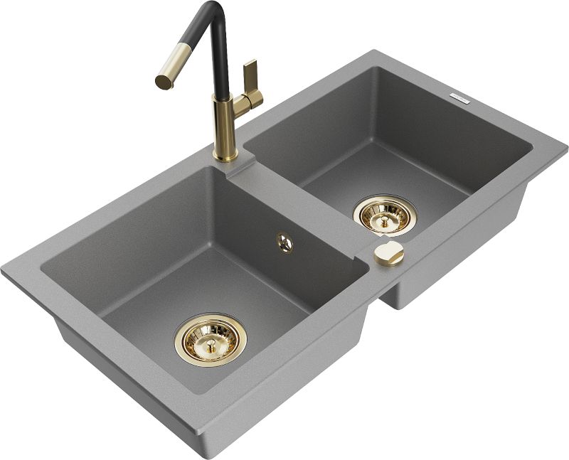 Zlewozmywak granitowy Mexen Mario 2-komorowy z baterią kuchenną Flora szary 6504-71-670401-57-G